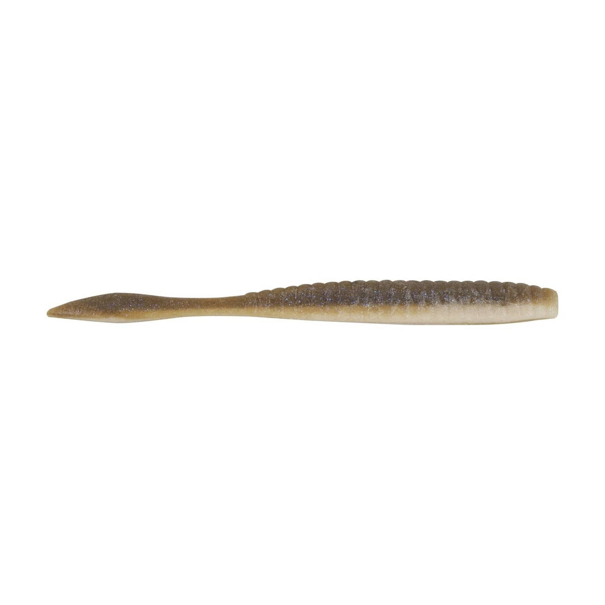 Soft slender fishing bait in olive-brown with speckled spots and tapered tail
