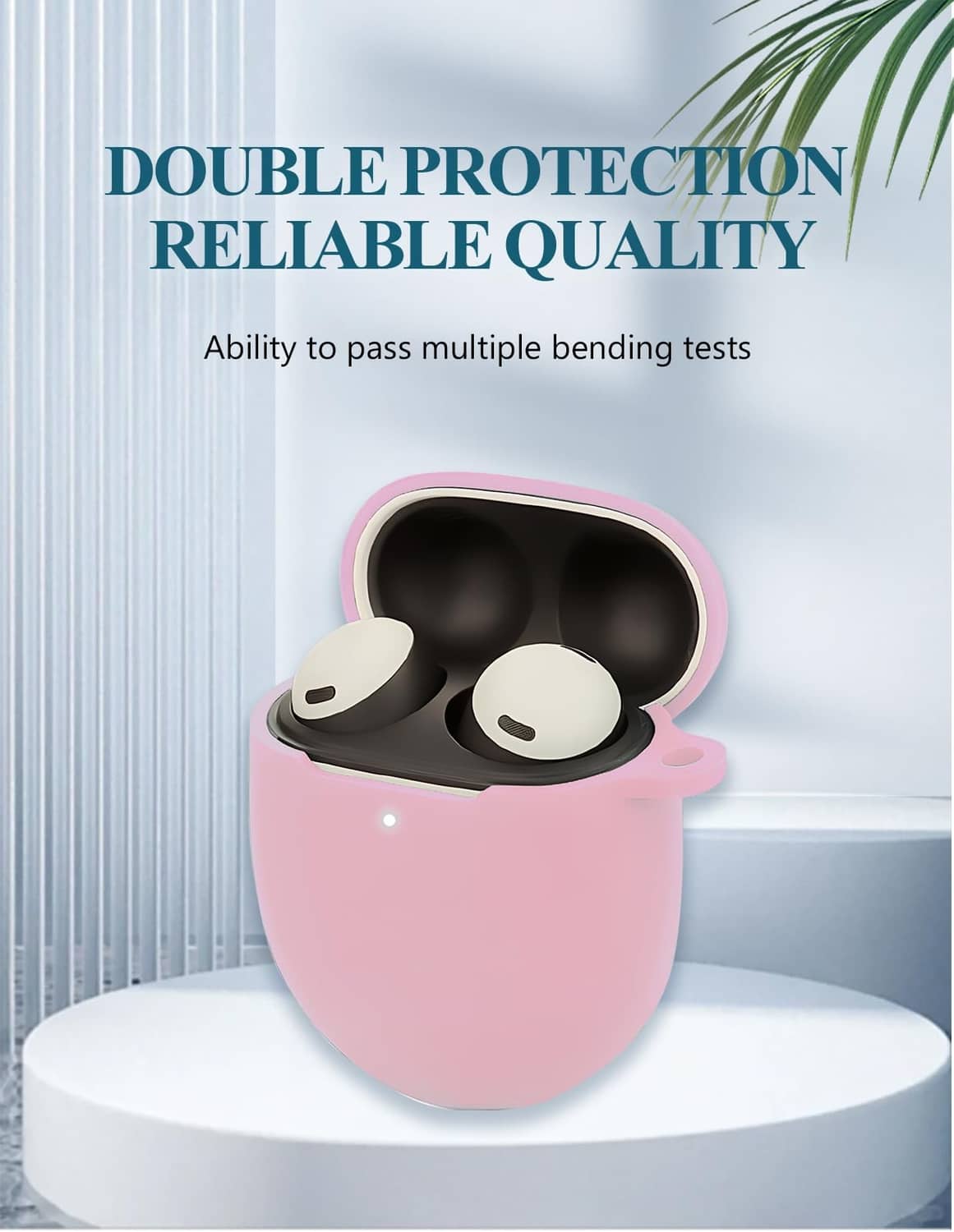 Pink silicone earbuds case with earbuds inside and protective rim