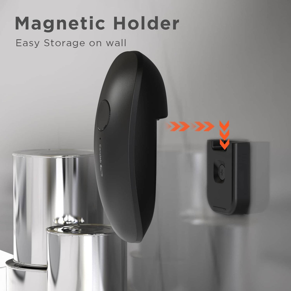 Electric can opener on magnetic wall holder, black handheld storage