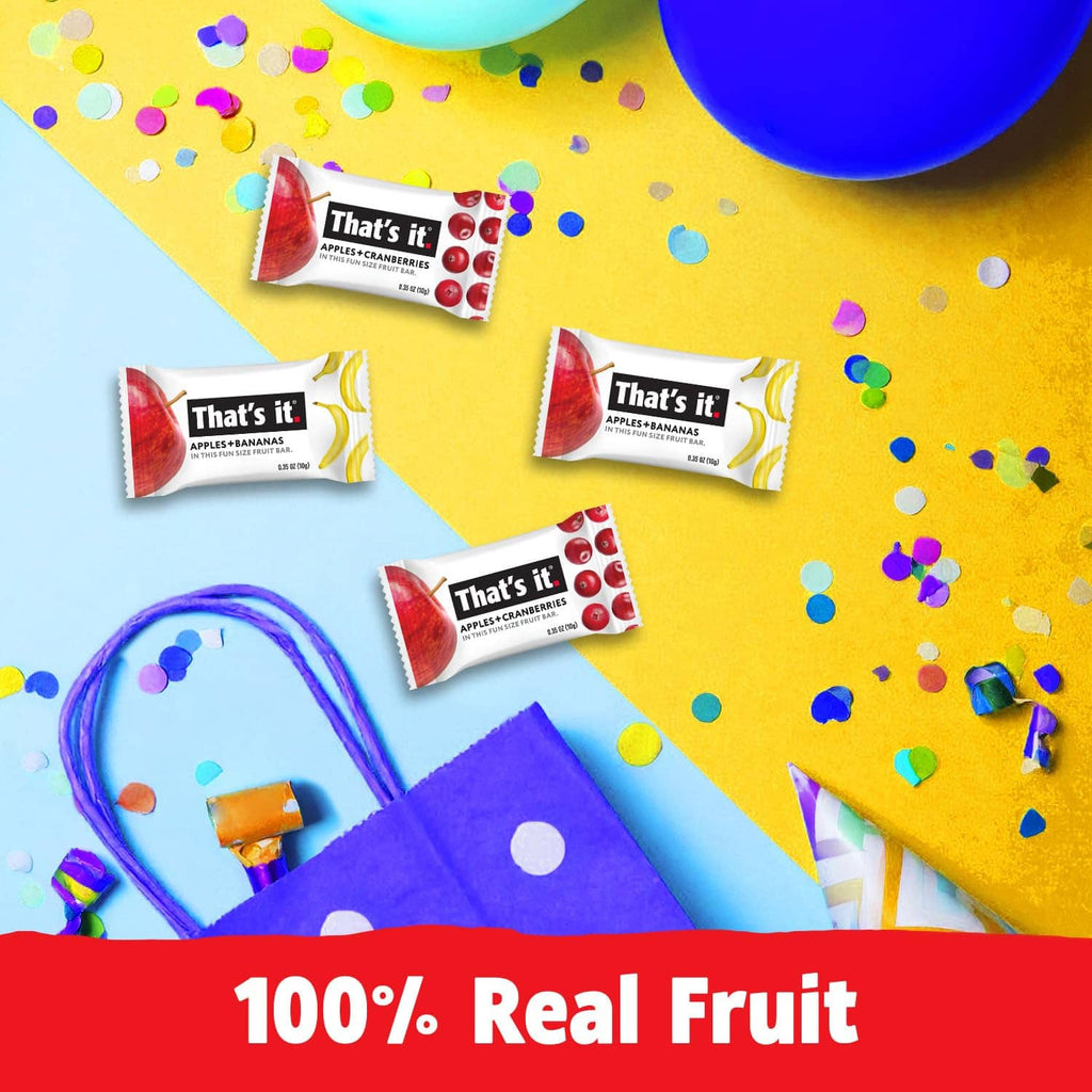 Assorted mini fruit bar wrappers arranged on a colorful party background