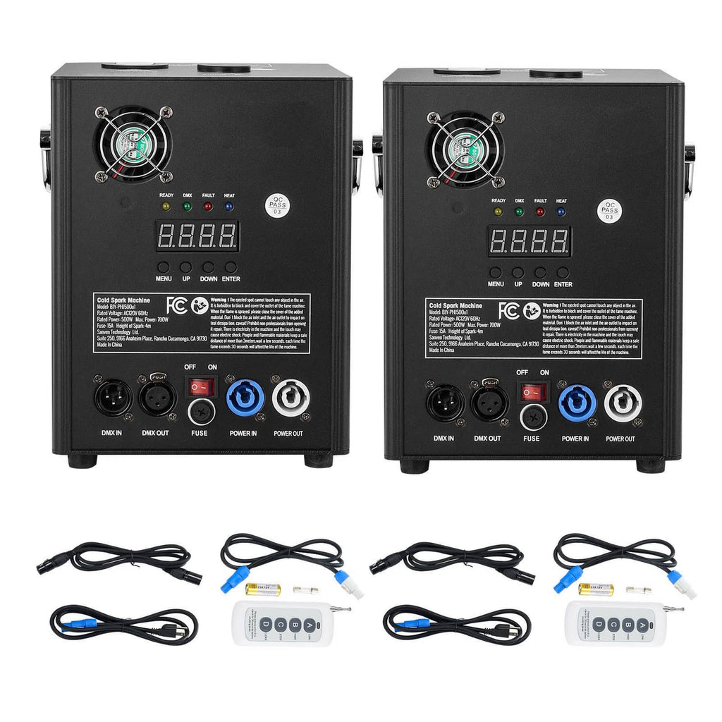 Set of two black cold spark machines with power cables and remote controllers