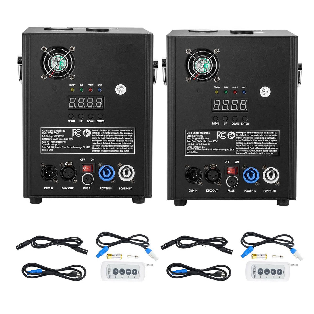 Set of two black cold spark machines with power cables and remote controllers