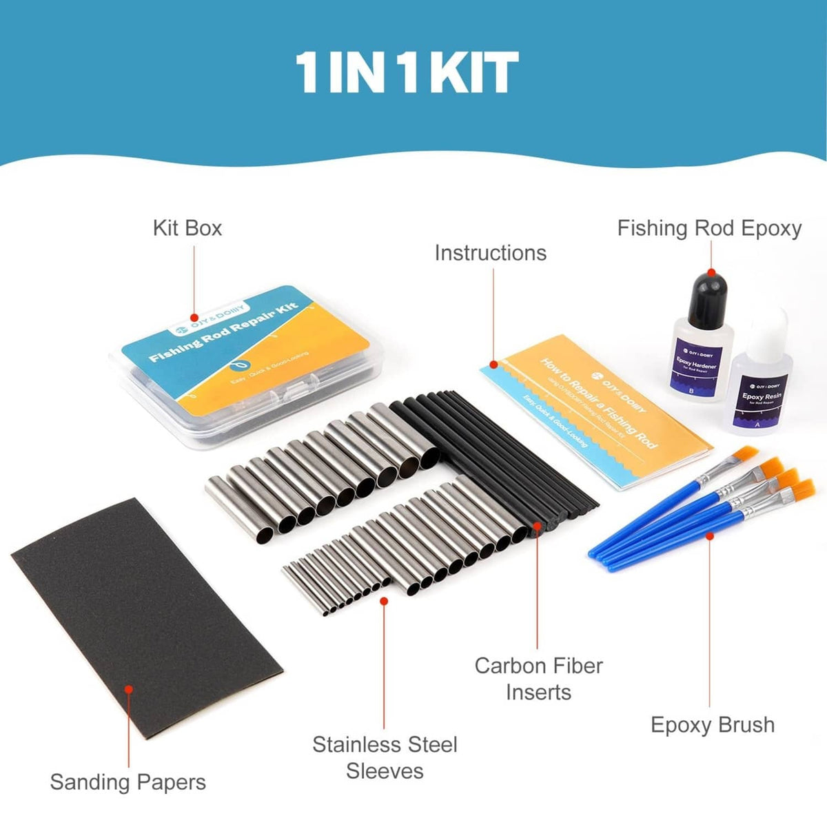 Fishing rod repair kit components: carbon fiber inserts, stainless sleeves, epoxy brush, sanding papers