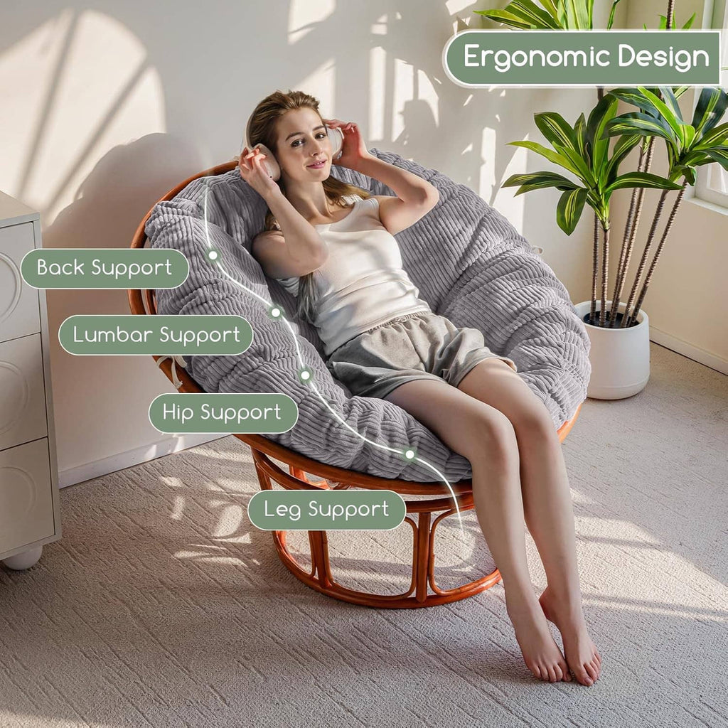 Gray papasan cushion with ergonomic support padding for back, lumbar, hips, and legs