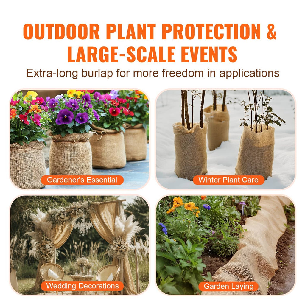 Natural burlap fabric bags and draped wrap pieces for outdoor plant protection