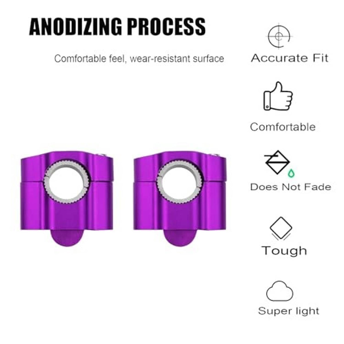 Purple CNC aluminum handlebar clamp with anodizing process feature icons