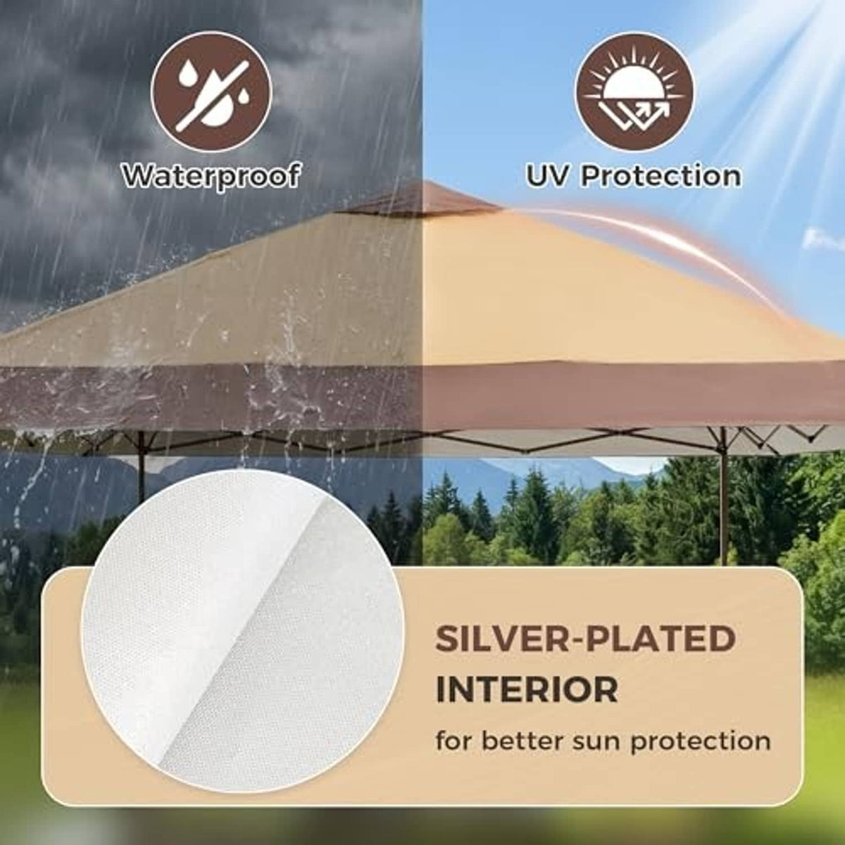 Khaki canopy top cover with silver-plated interior for better sun protection