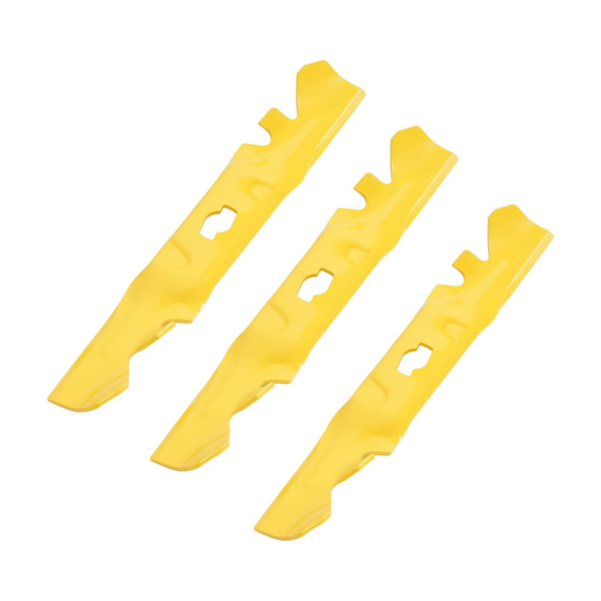 Yellow mulching blades, three-piece set with cutouts and stepped tips