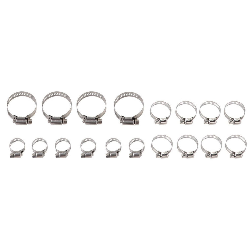 Stainless steel hose clamps, round band design shown in multiple quantities.