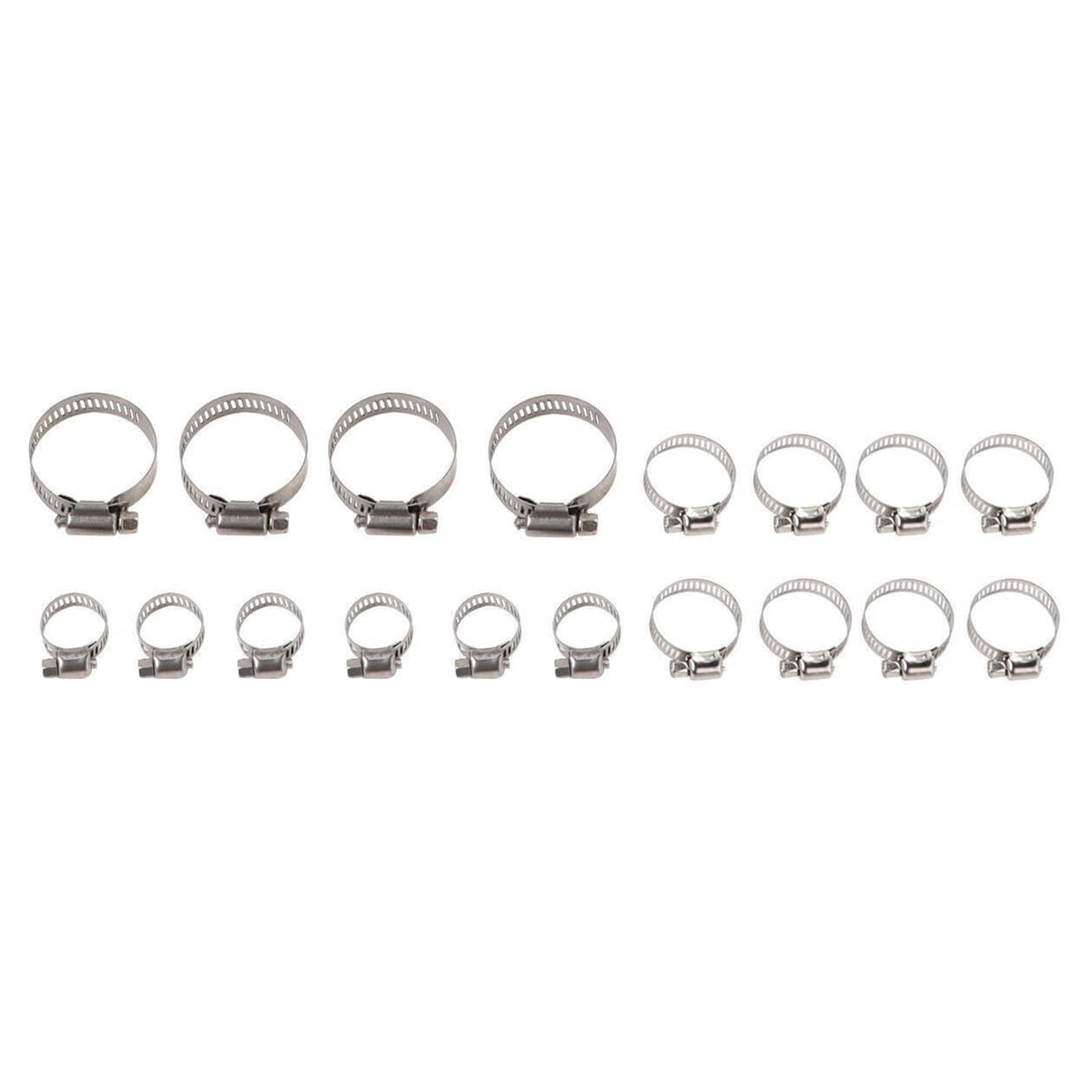 Stainless steel hose clamps, round band design shown in multiple quantities.