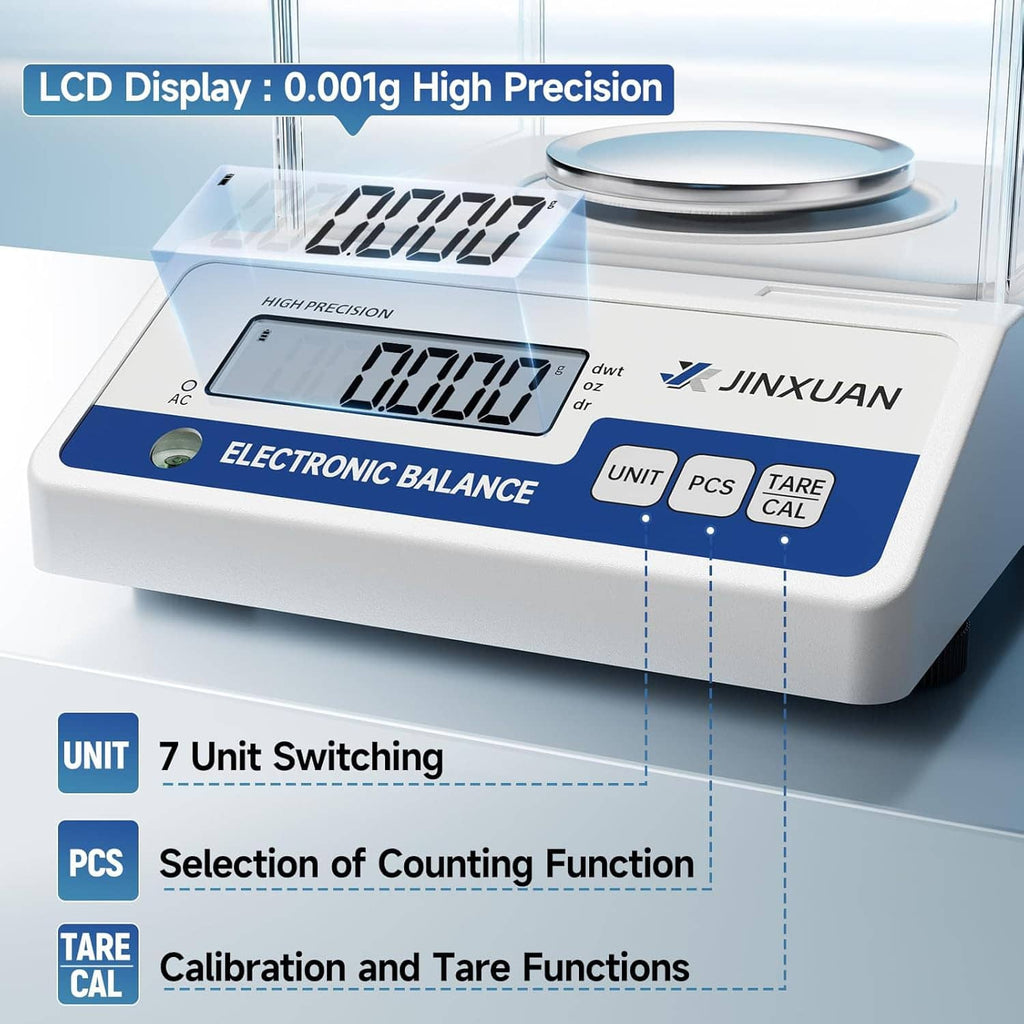 Front view of digital electronic balance with LCD display and control buttons under glass
