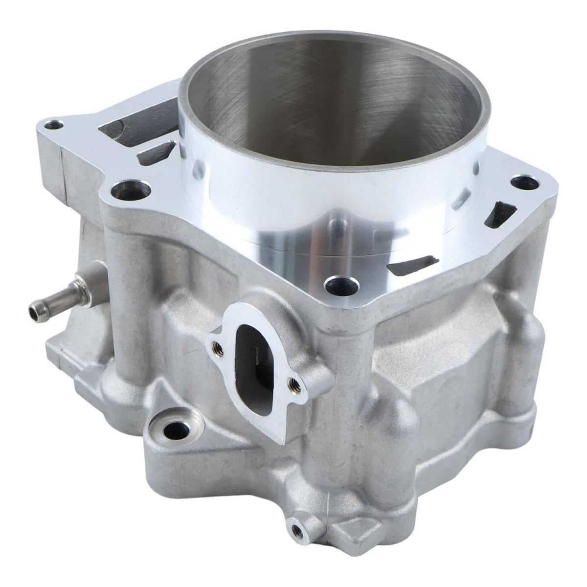 Metal engine cylinder jug angled view with side outlet opening and machined bore