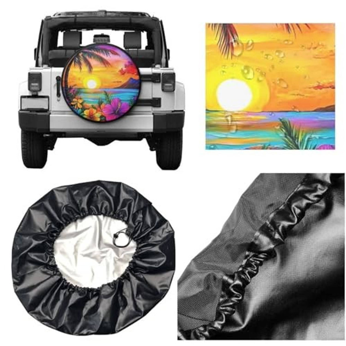 Spare tire cover with black elastic rim and tropical palm sunset front panel