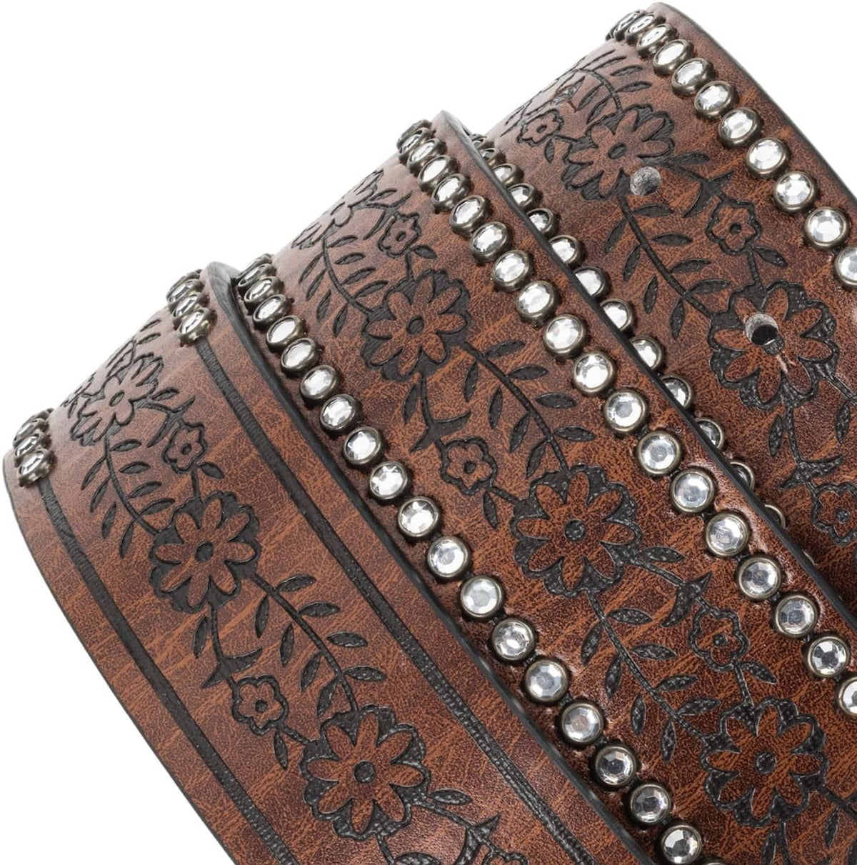Coffee-brown embossed leather belt panel with rhinestone stud border and floral print