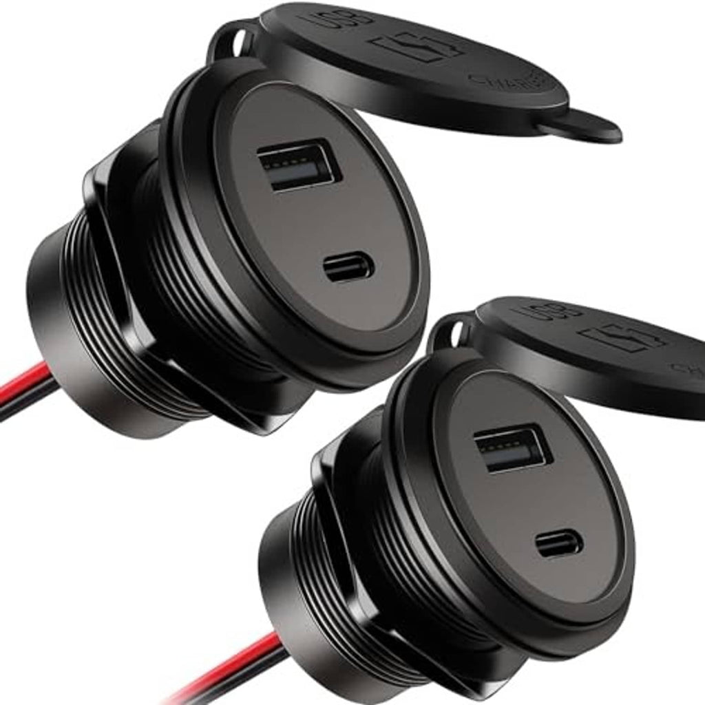 Black 2-pack dual-port car USB charger, circular faces with two USB openings