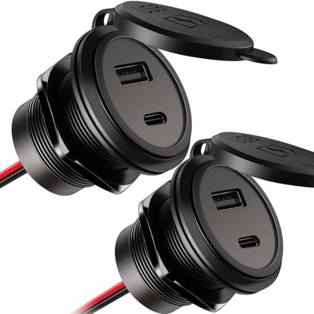 Black 2-pack dual-port car USB charger, circular faces with two USB openings