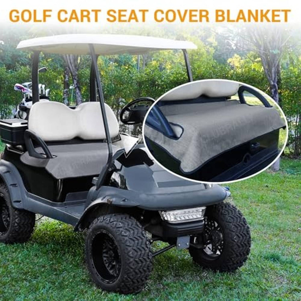 Gray golf cart seat cover blanket on utility cart bench seat with steering wheel