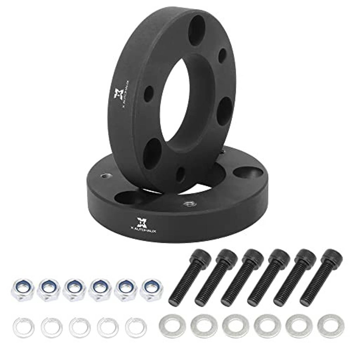 Stacked pair of black leveling lift spacers with mounting bolts and washers included