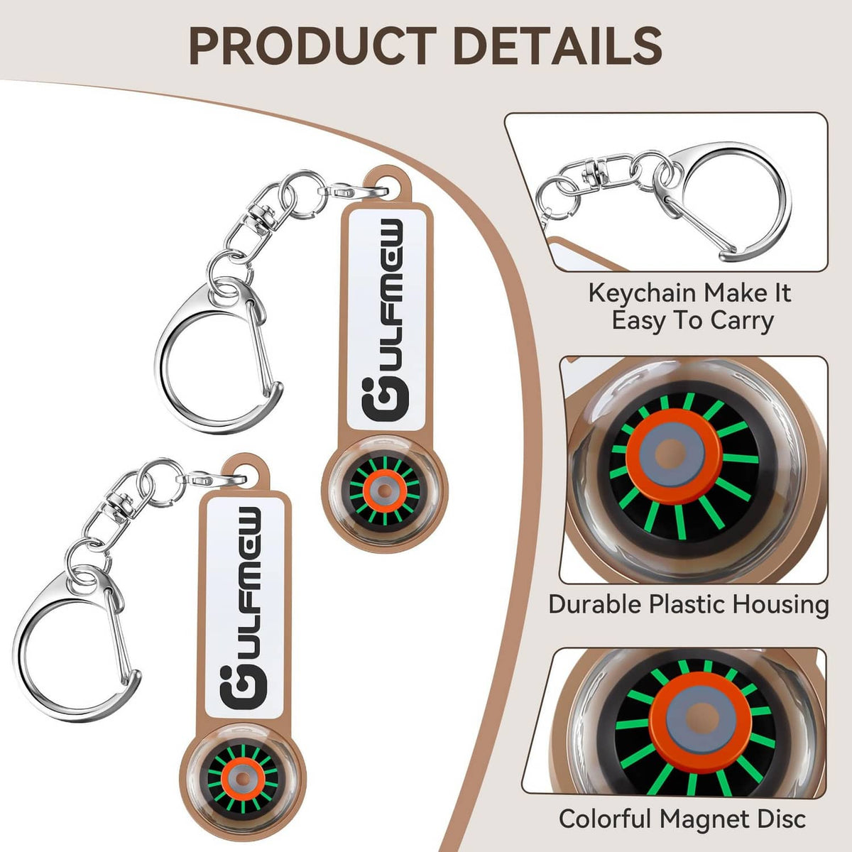 Two brown keychain solenoid testers with durable plastic housing and colorful magnet discs