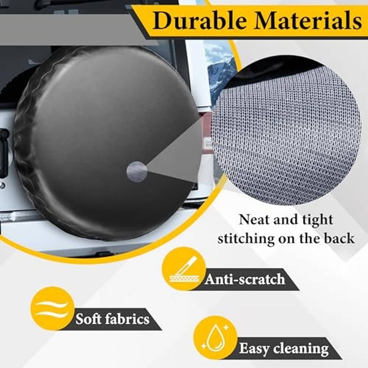 Black spare tire cover with neat stitched seam on the back and smooth front.