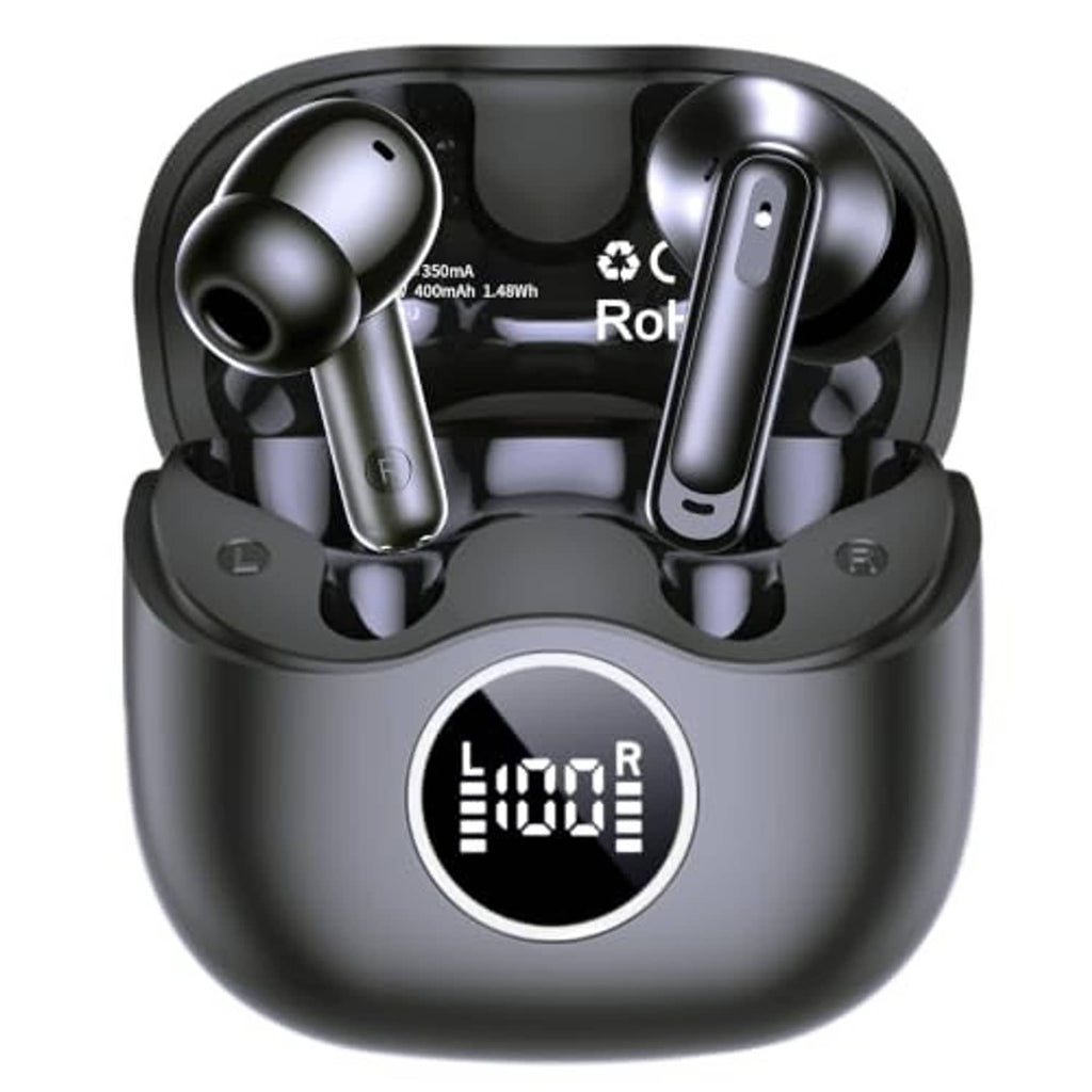 Black wireless earbuds in charging case with indicator window on the front