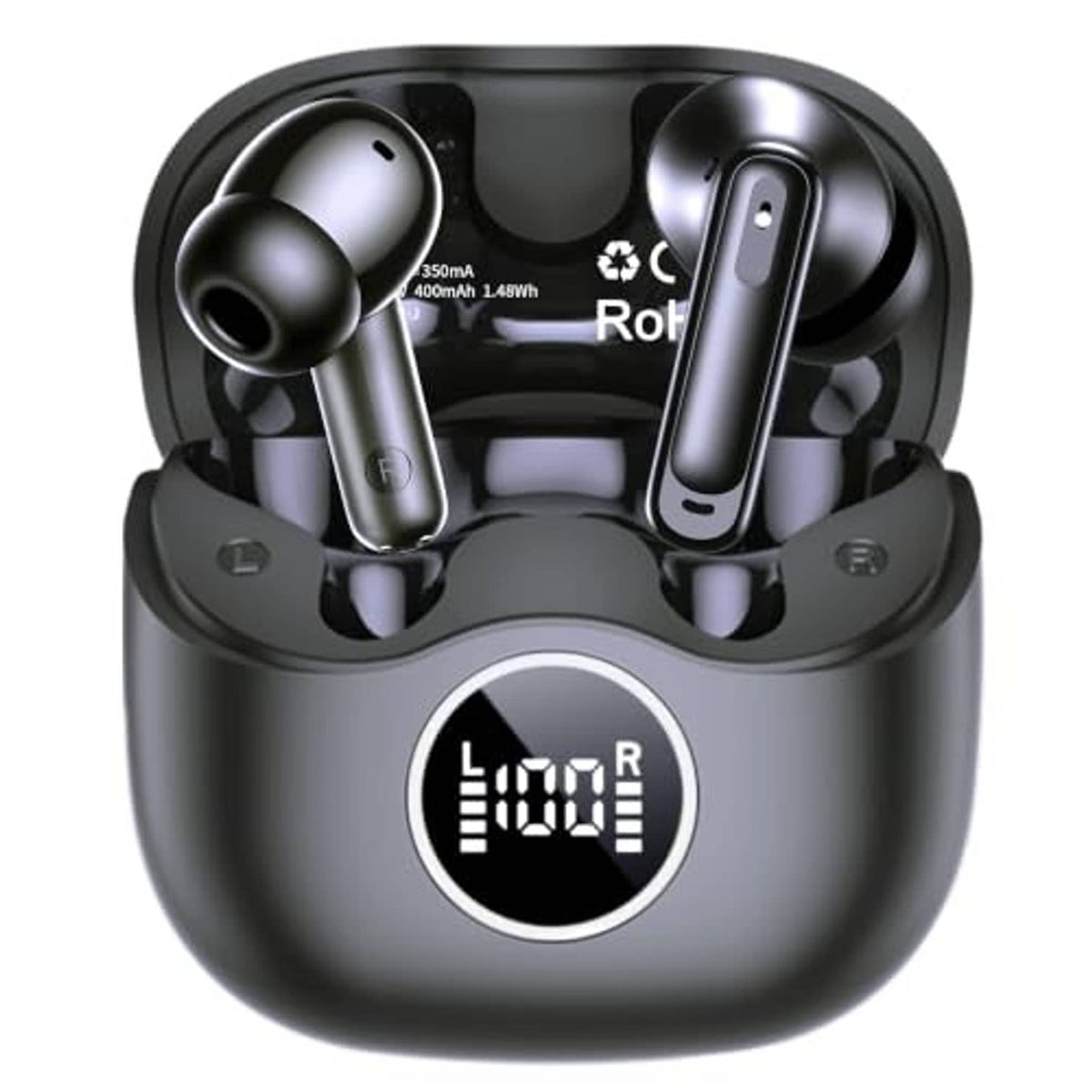 Black wireless earbuds in charging case with indicator window on the front