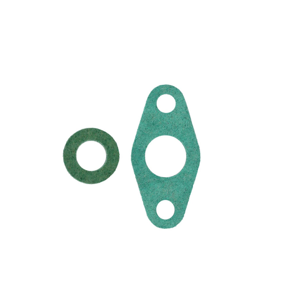 Turbocharger gasket set: two green paper gaskets with round bolt holes