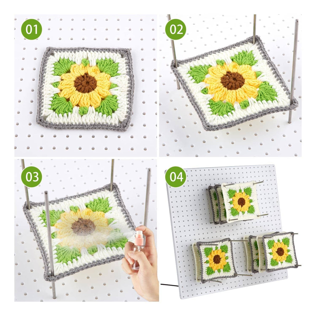 Crochet square on a blocking board held by stainless needle pins through corners