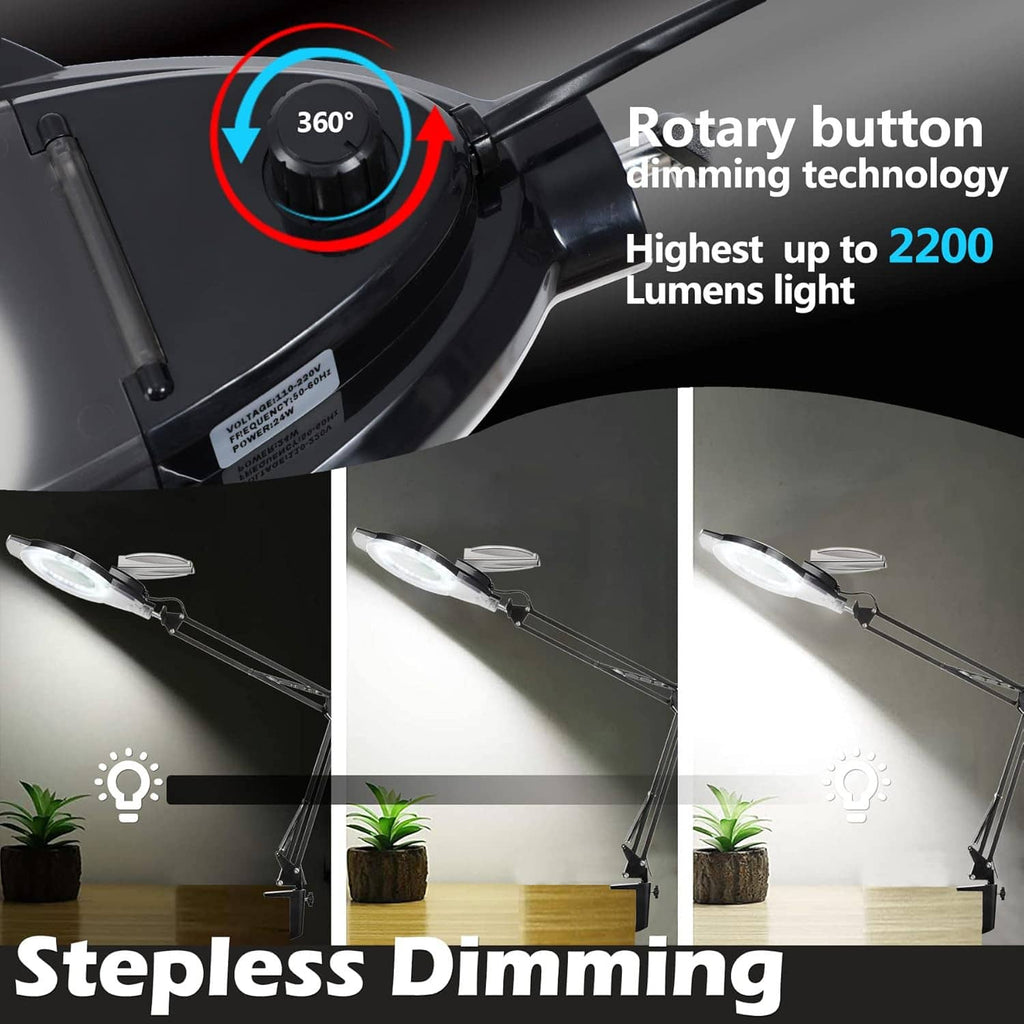 LED magnifying lamp head with rotary dimmer controls on black adjustable arm