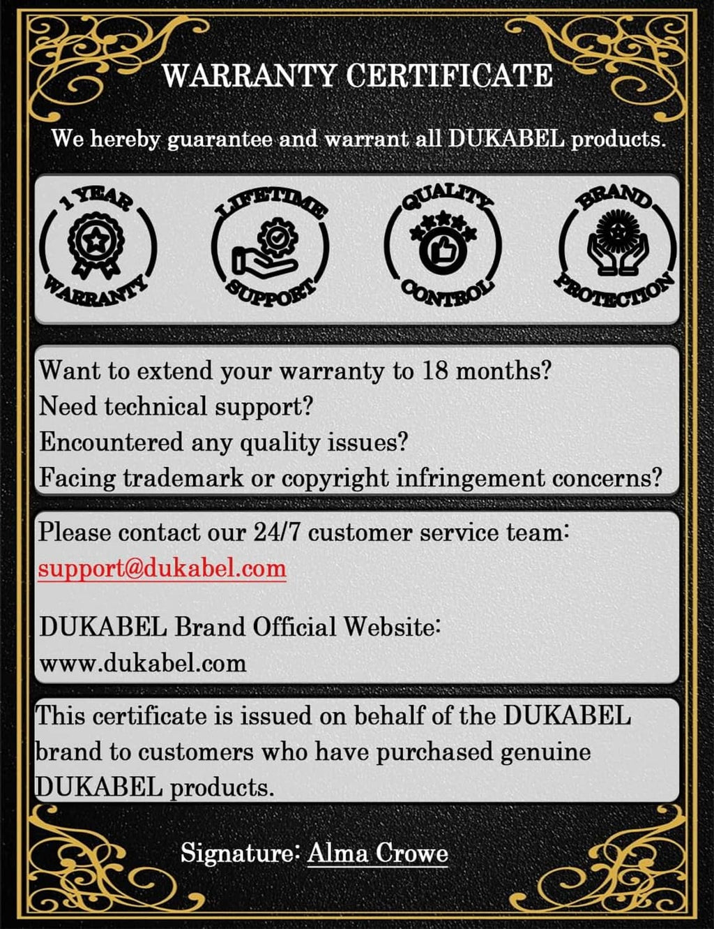 DUKABEL warranty certificate card with 1-year warranty and authenticity badges