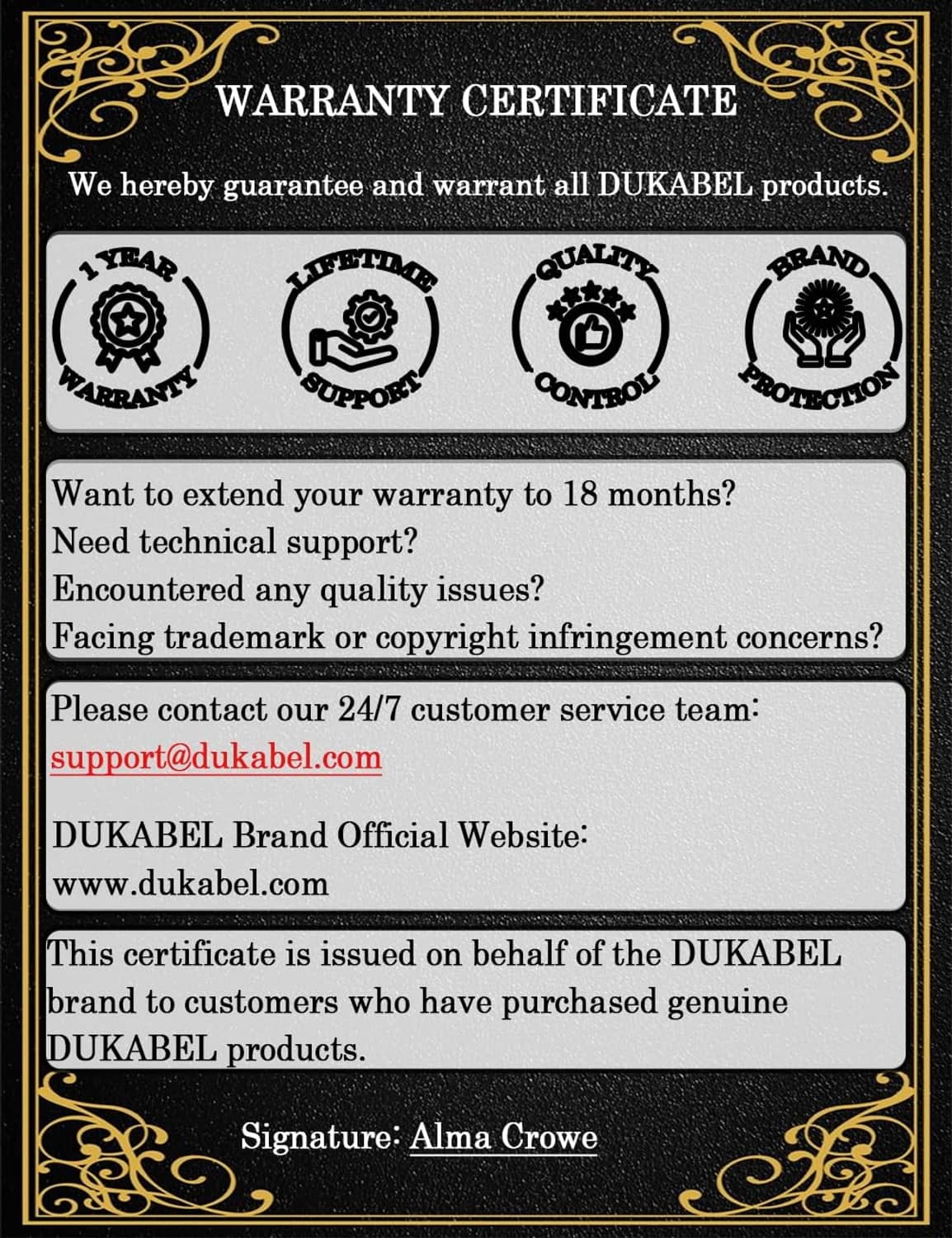 DUKABEL warranty certificate card with 1-year warranty and authenticity badges