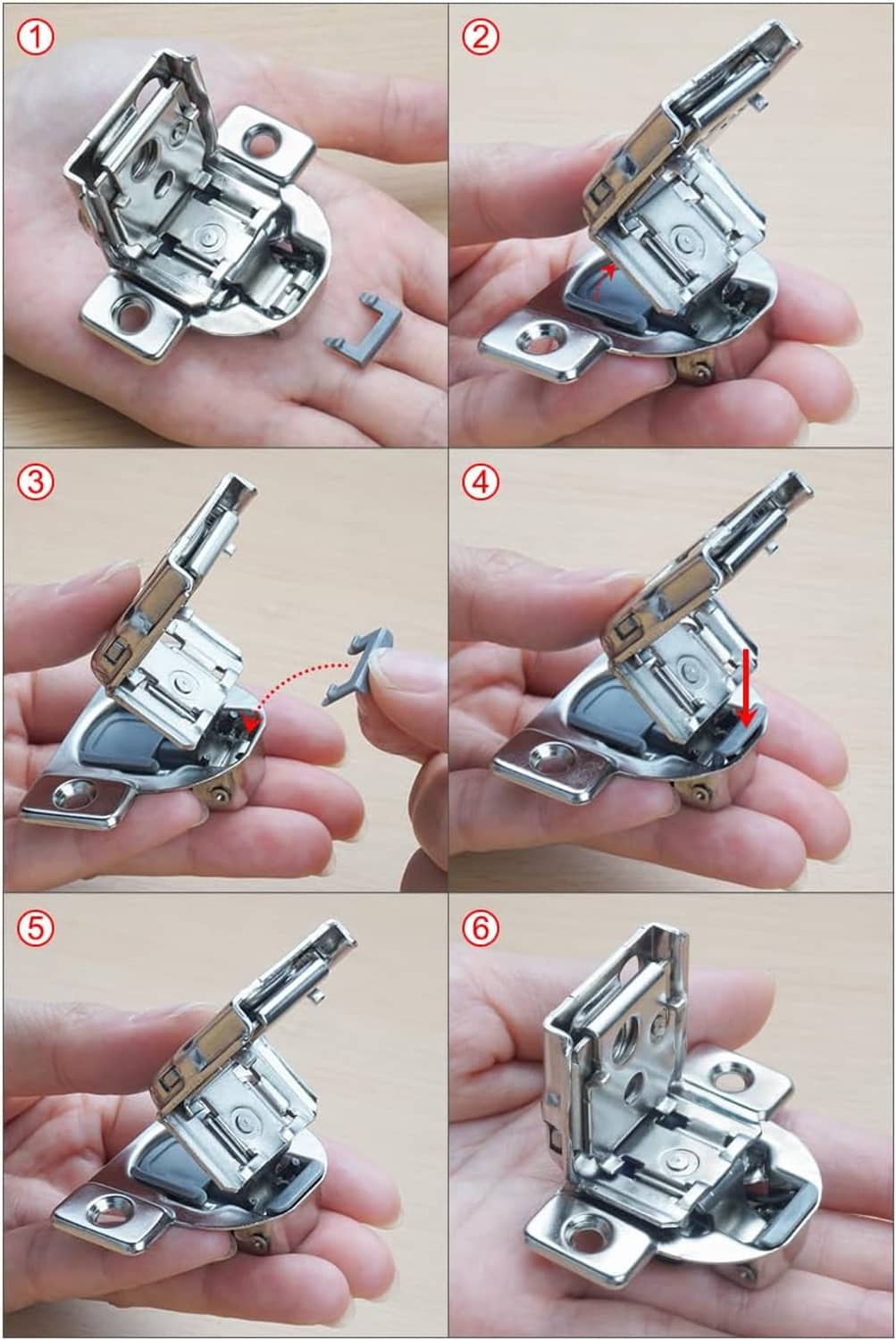 6-step hinge restrictor clip installation sequence, showing the clip attaching