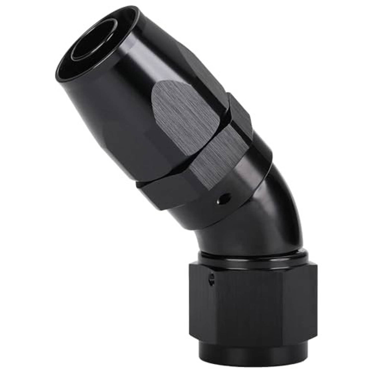 Black 45-degree elbow swivel hose end fitting, angled view