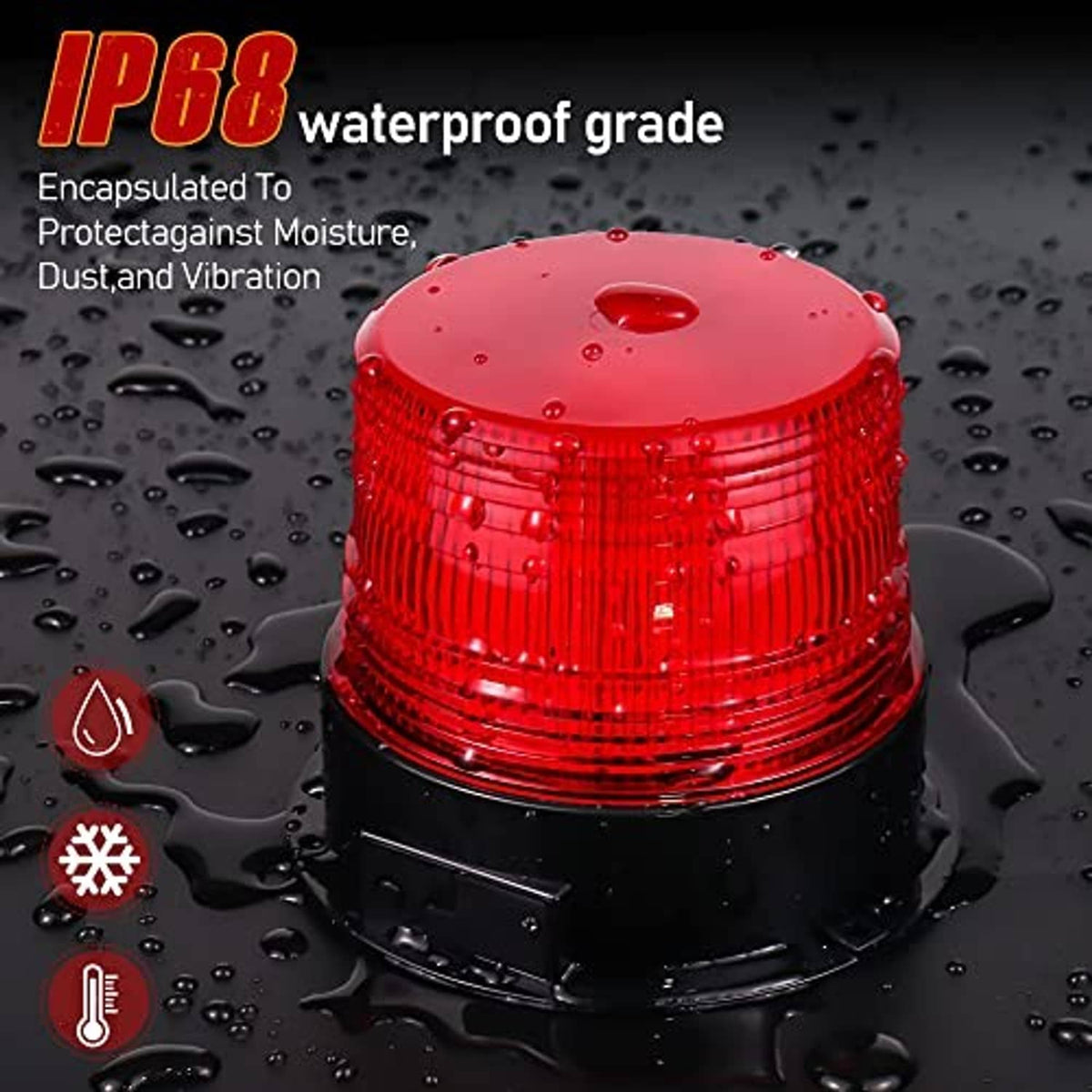 Red waterproof LED strobe beacon with black base shown against water droplets
