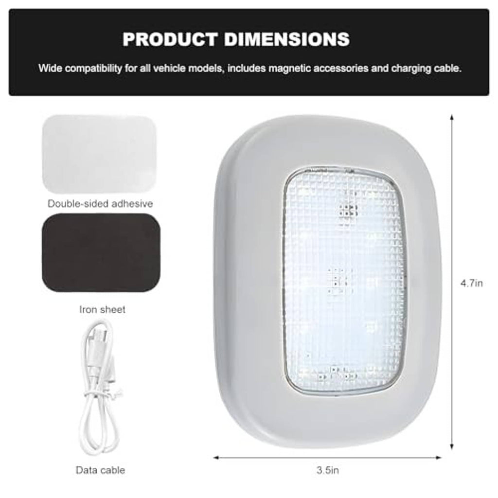 Gray car dome light with rectangular LED lens; includes USB cable and adhesive pads