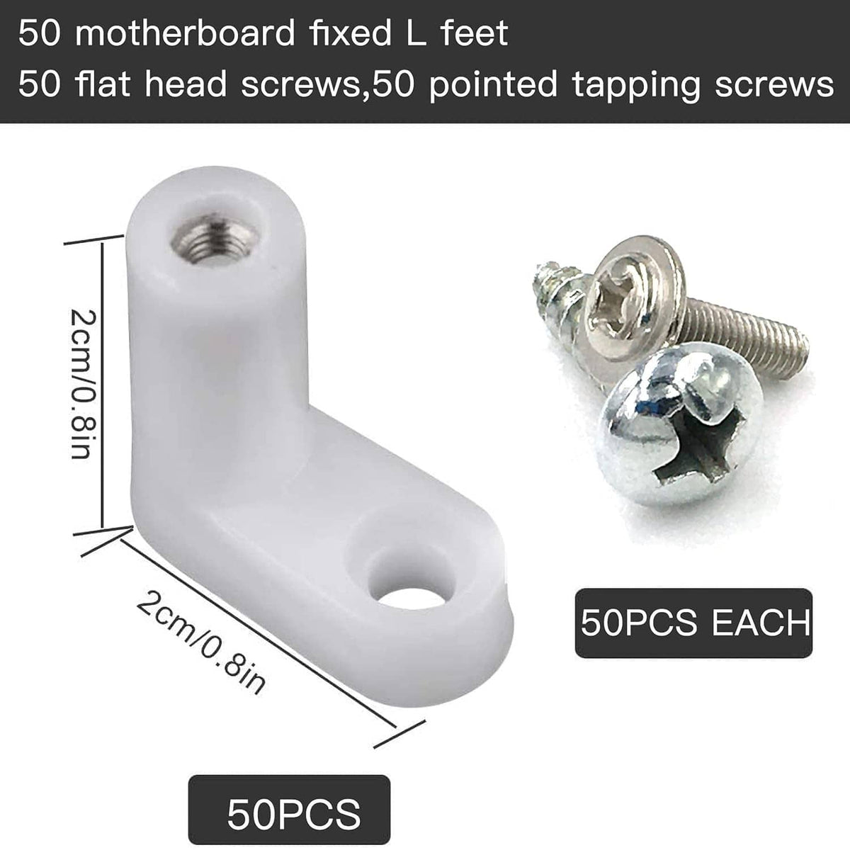 White L-shaped plastic circuit board standoff with mounting screw and threaded insert
