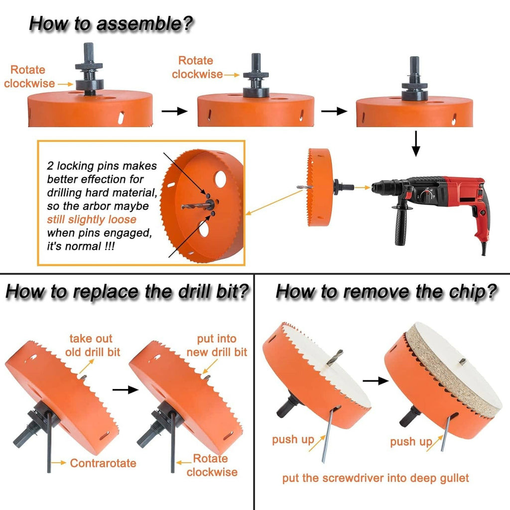 Orange hole saw kit assembly showing arbor, drill bit, and locking pins