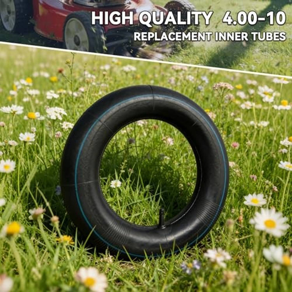 Black 4.00-10 inner tube with blue stripe and straight valve stem