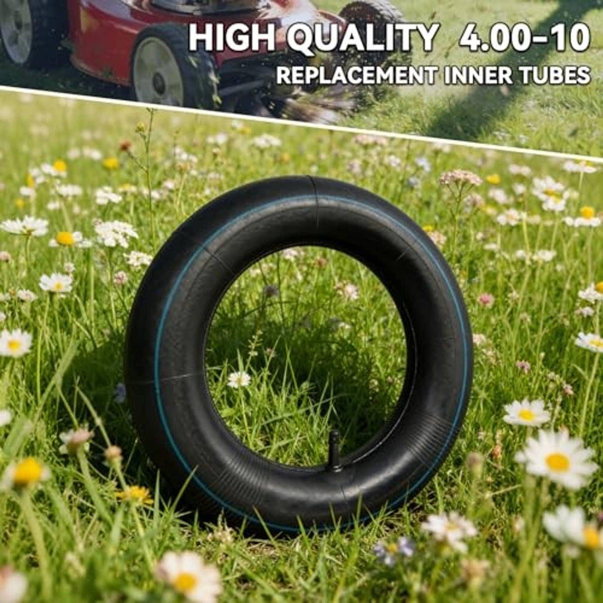 Black 4.00-10 inner tube with blue stripe and straight valve stem