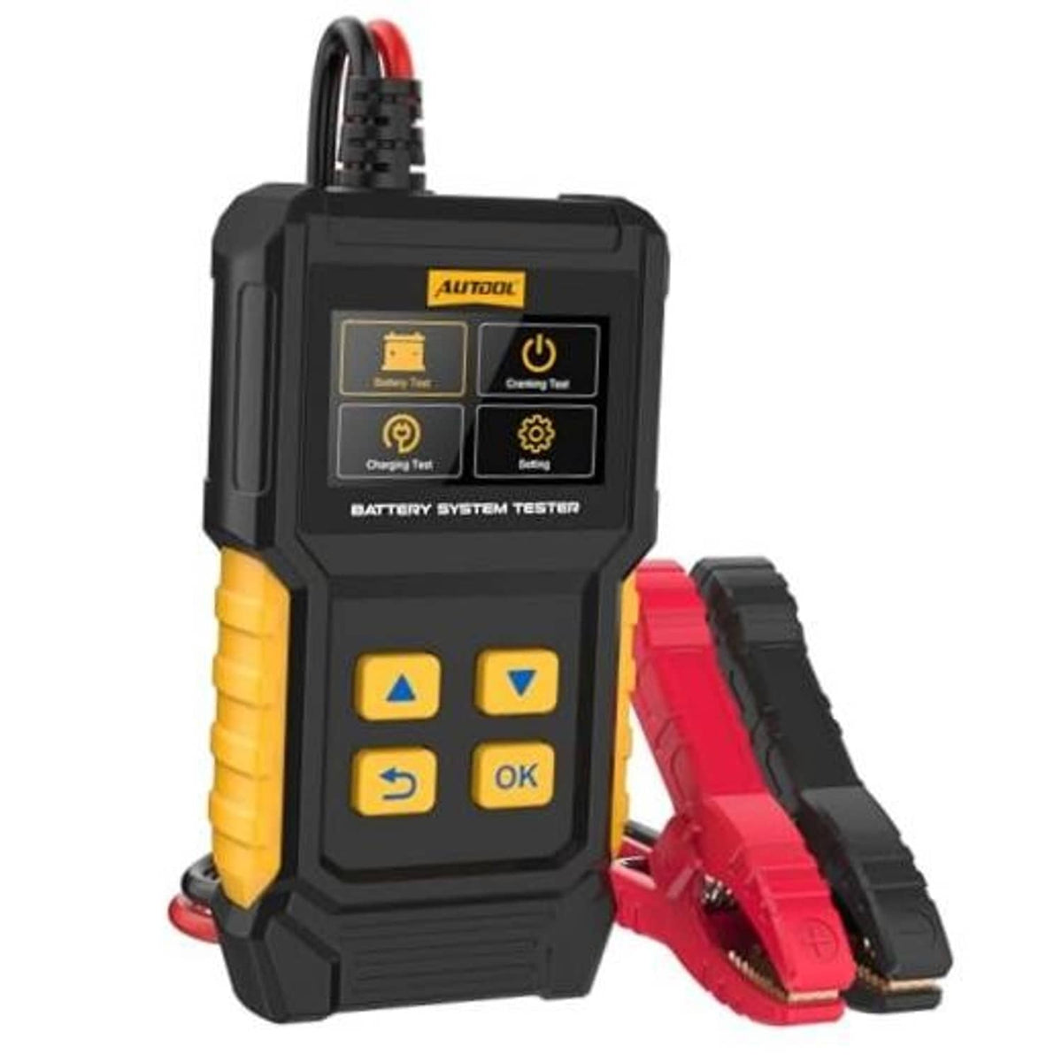 Handheld battery system tester with LCD screen and keypad, red and black battery clamps