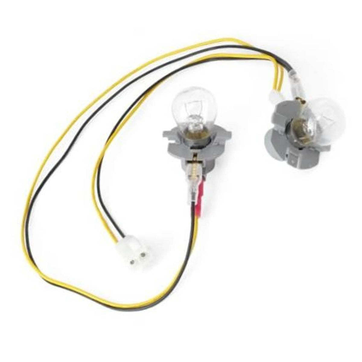 Headlight wiring harness with two bulbs, gray sockets, and a white plug connector