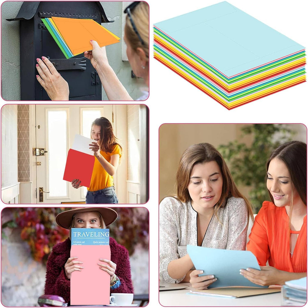 Colored envelopes used for mailing, shown in multiple scenes and angles