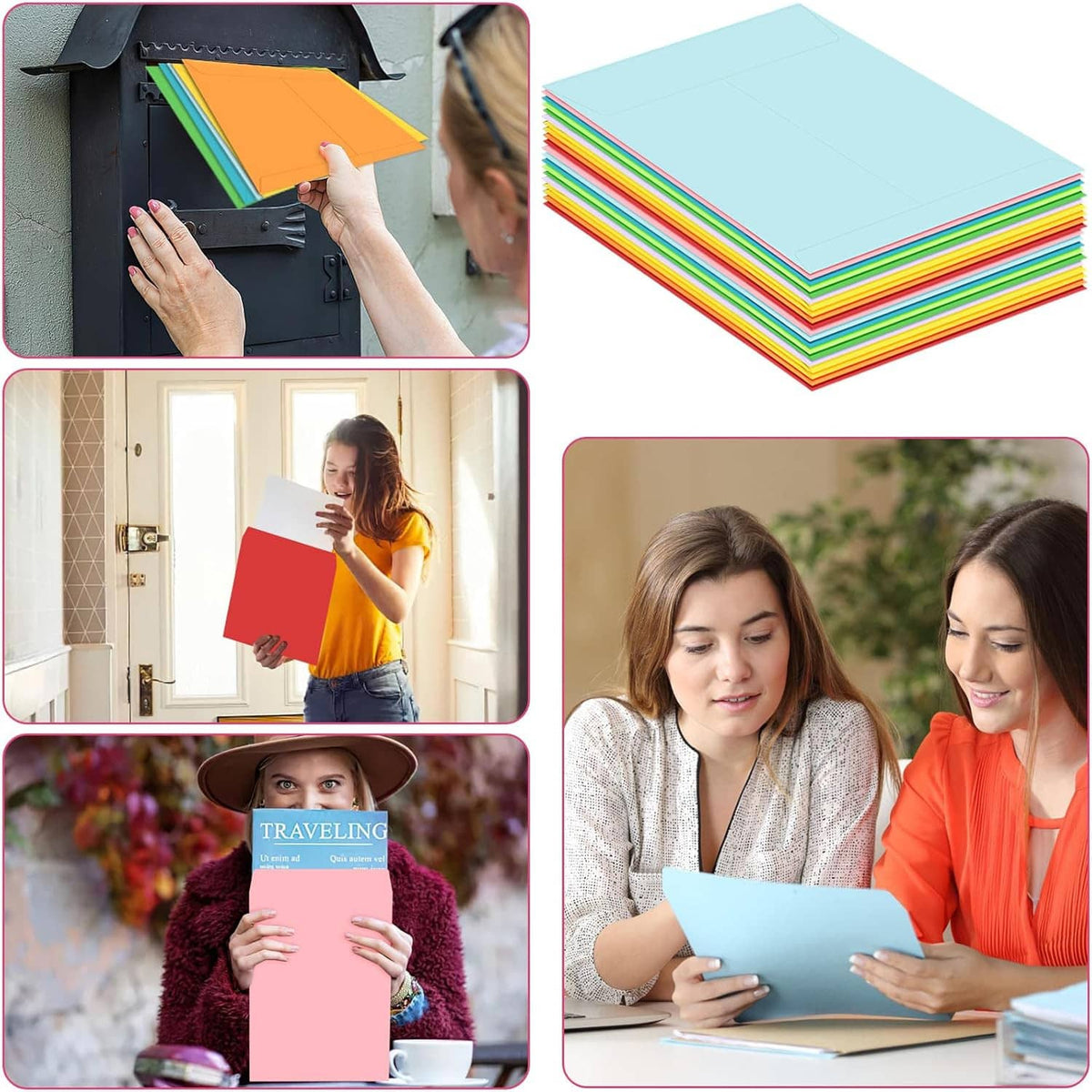 Colored envelopes used for mailing, shown in multiple scenes and angles
