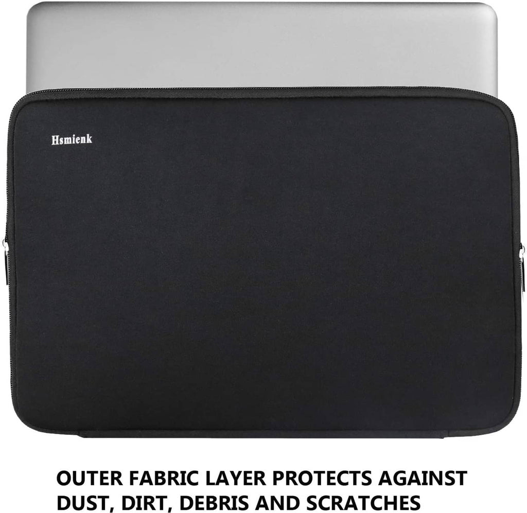 Black laptop sleeve with zipper and padded exterior, front view with logo.