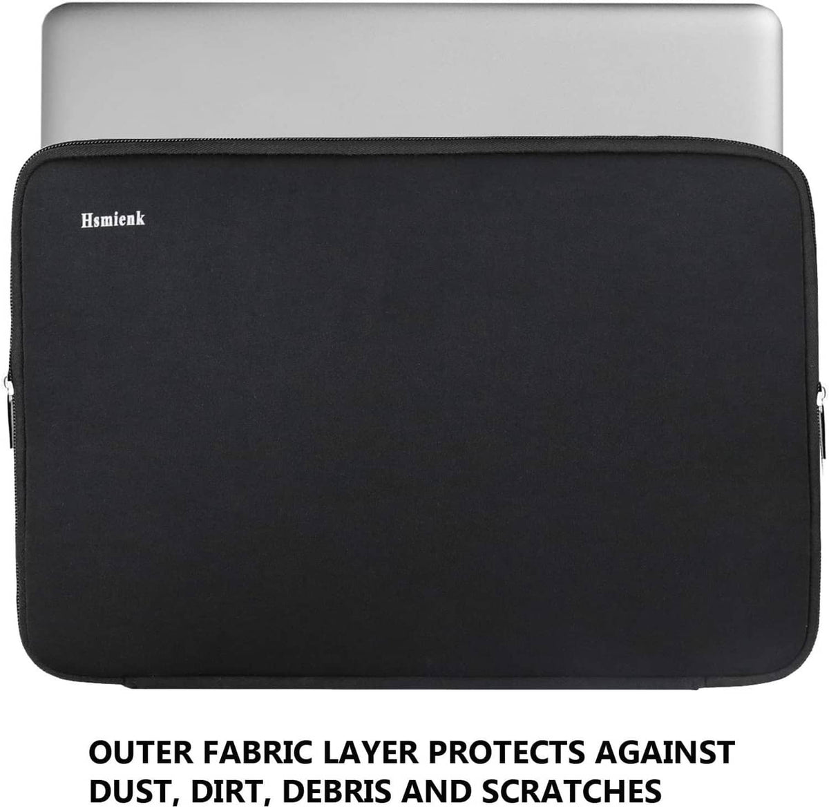 Black laptop sleeve with zipper and padded exterior, front view with logo.