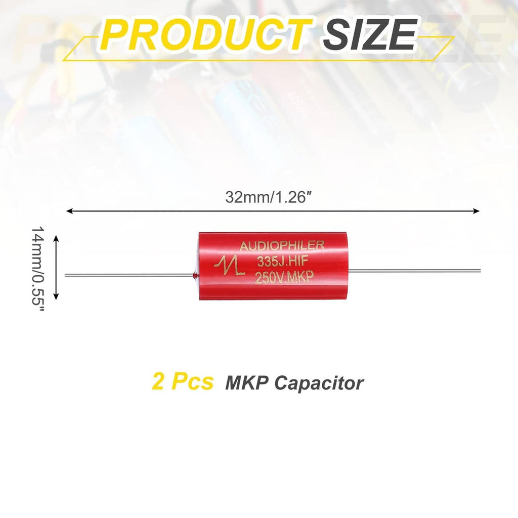 Red axial Mkp capacitor with two leads; product size diagram with 32mm length