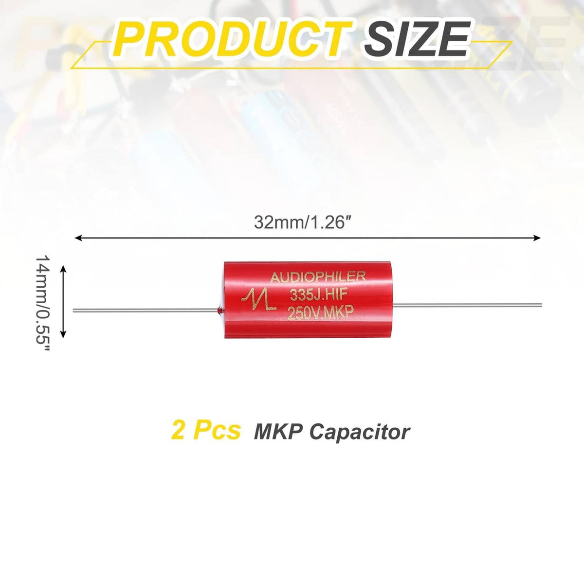 Red axial Mkp capacitor with two leads; product size diagram with 32mm length