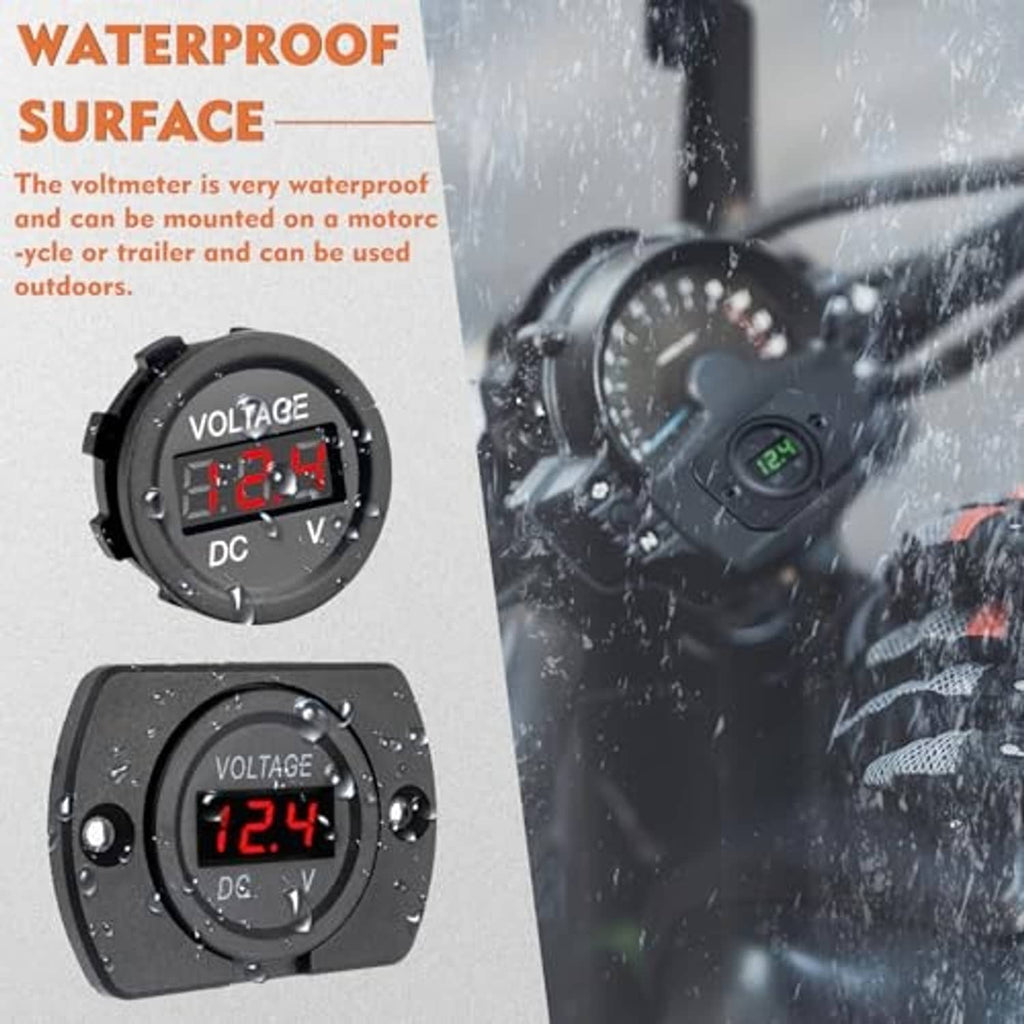 Black waterproof DC voltmeter with red LED 12.4V display shown with water spray