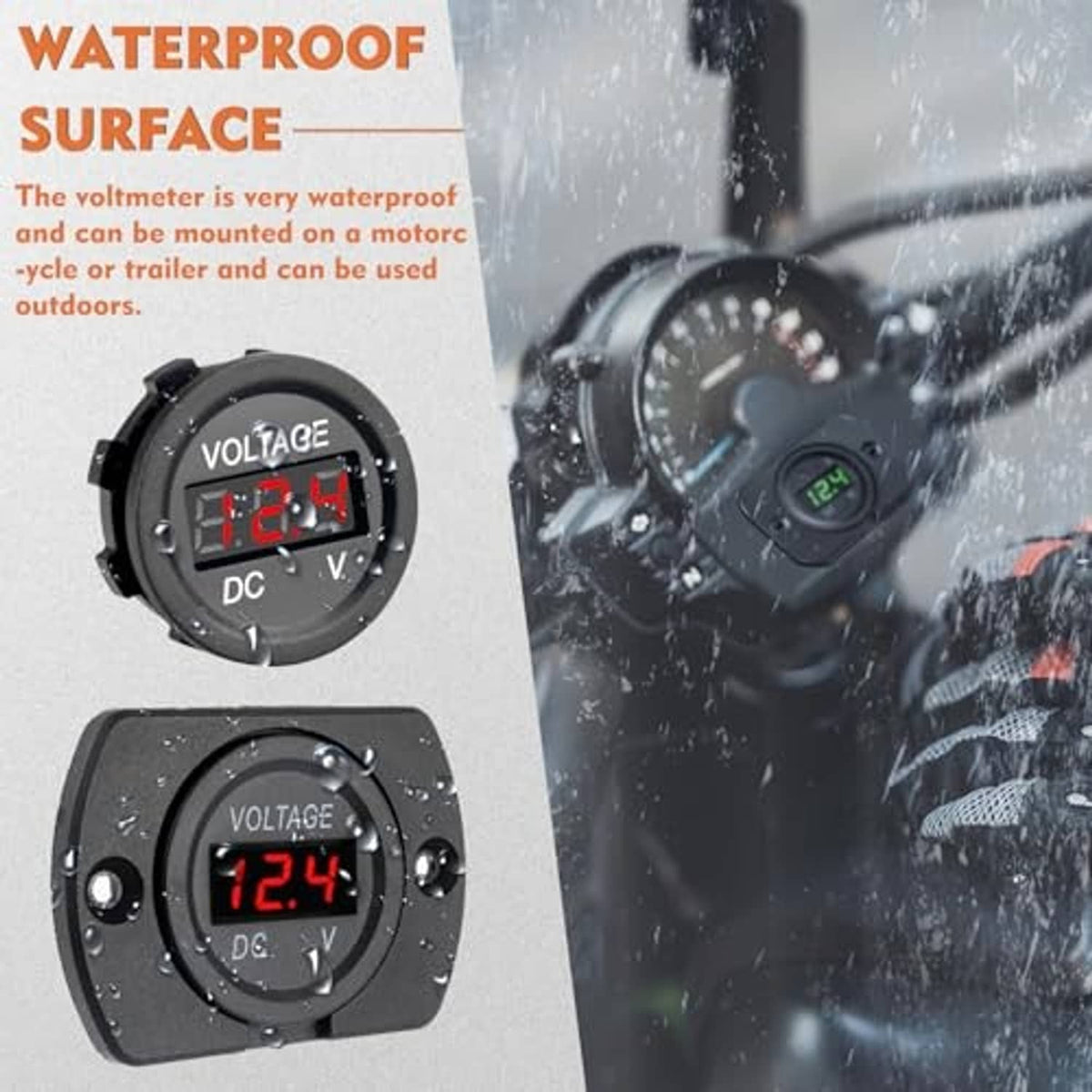 Black waterproof DC voltmeter with red LED 12.4V display shown with water spray