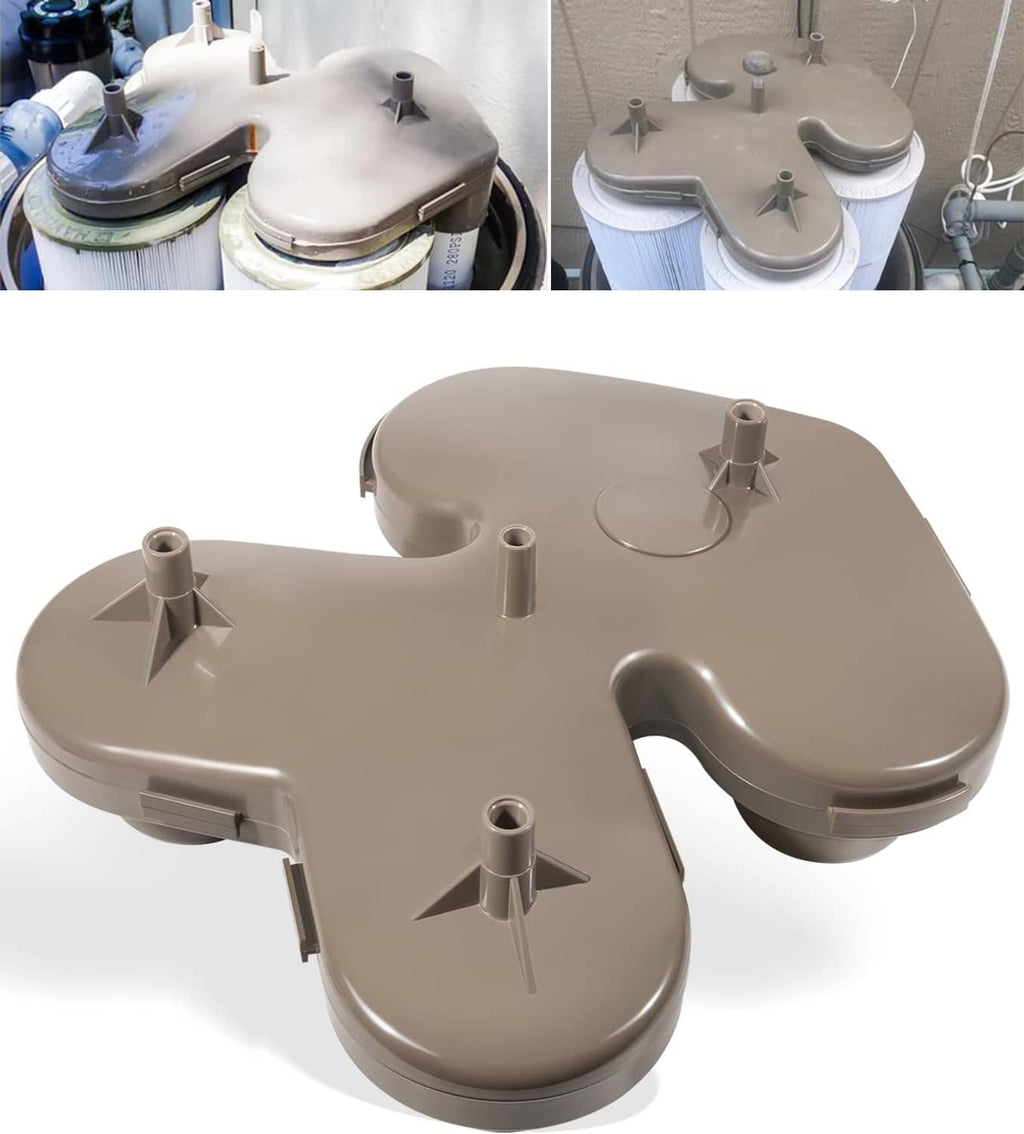 Gray plastic pool filter top manifold replacement with multiple inlet ports and handle